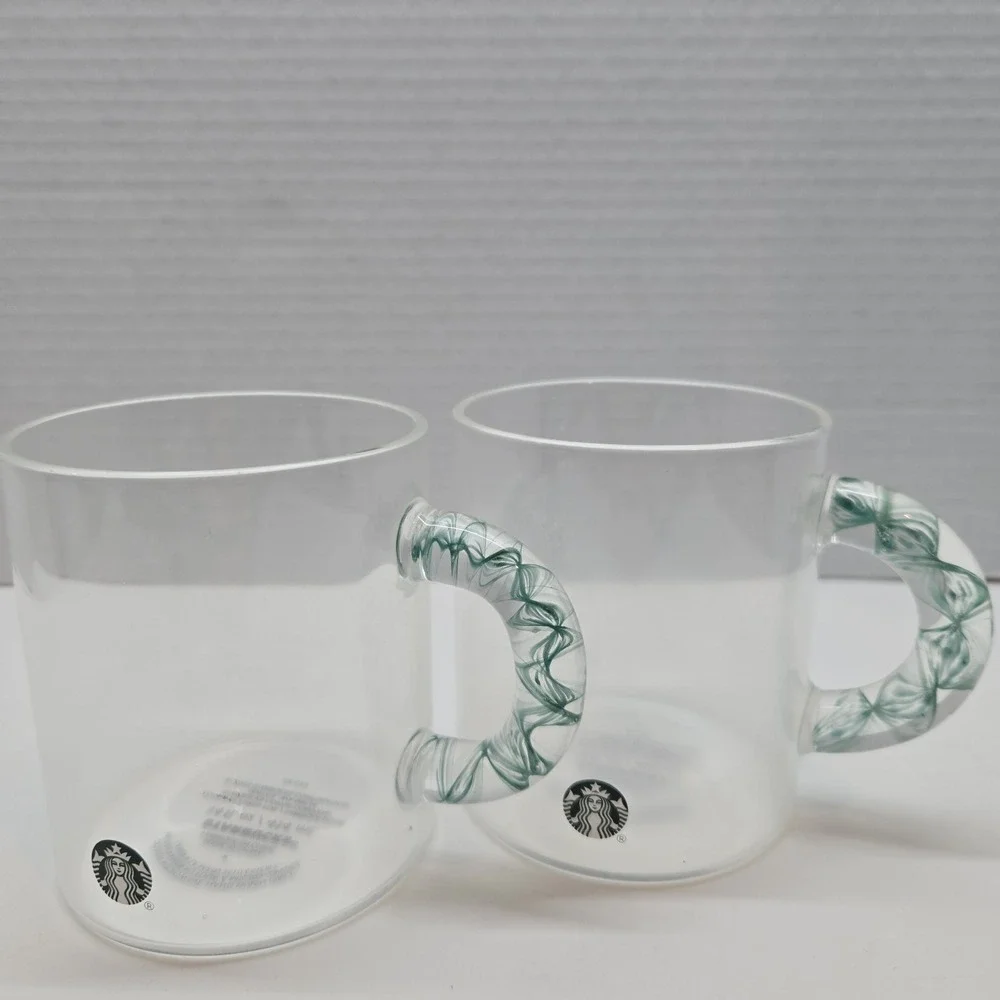 Two Starbucks Holiday 2023 Gradient Green Glass Swirl Handle Glass Mug 14oz RARE